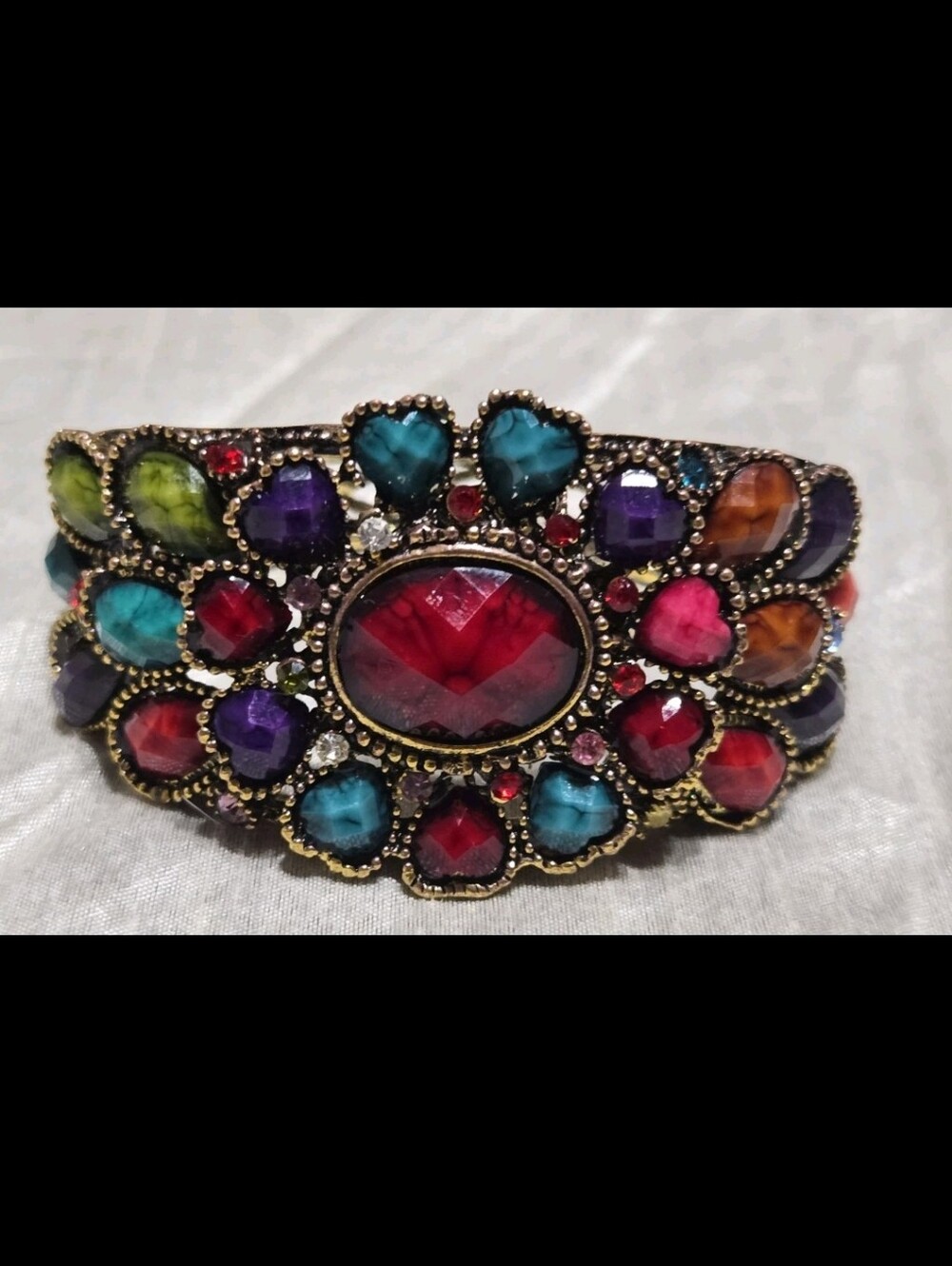 Vintage Multicolor Gemstone Statement Bracelet Boho Hinged Cuff Elegant Retro